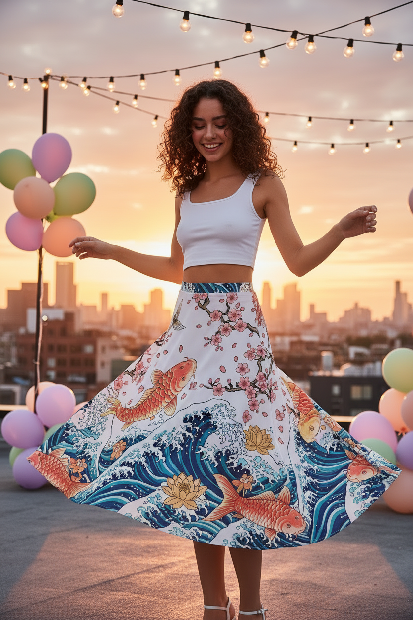 Midi Skirt - Japanese Woodblock All-Over Print