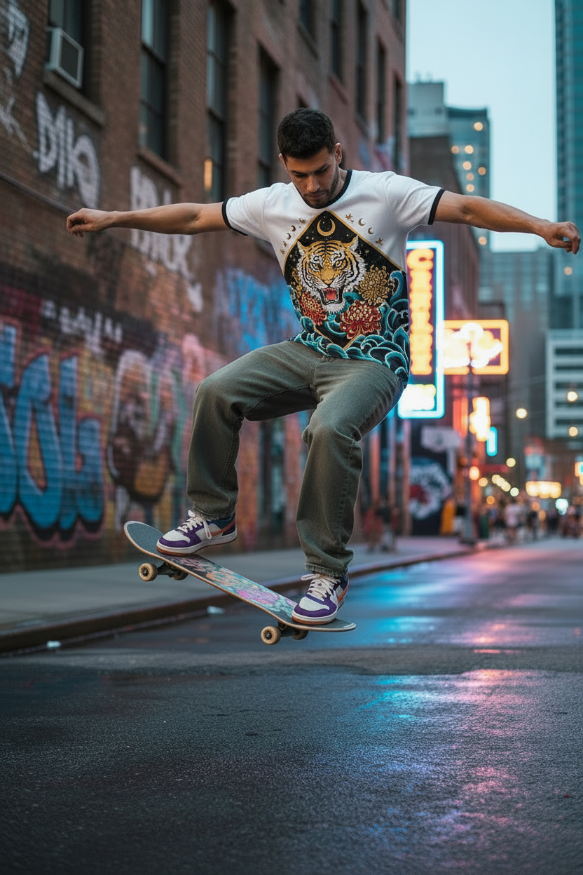 Ringer Tee - Celestial Tiger Ukiyo-e Design