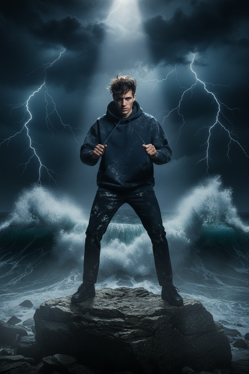 Acid Wash Navy Hoodie - Stormy Ocean Cliffs