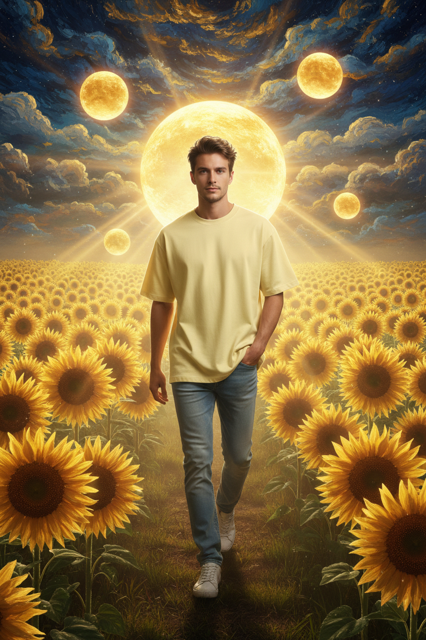 Butter Yellow Oversized Tee - Cosmic Sunflower Field