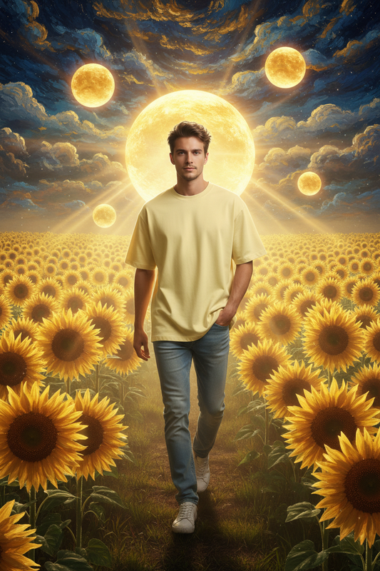Butter Yellow Oversized Tee - Cosmic Sunflower Field