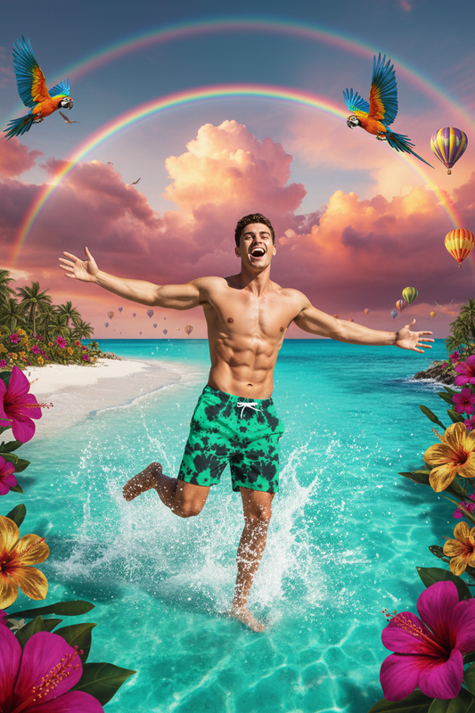 Green Tie-Dye Shorts - Surreal Tropical Beach