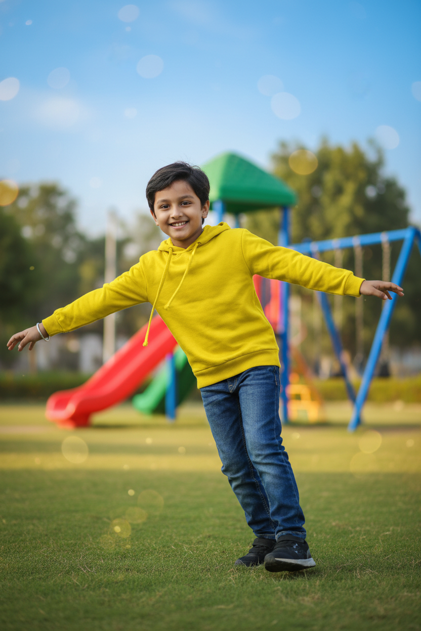 Kid in Yellow Hoodie with Playful Background