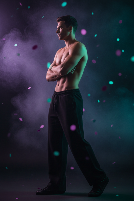 Model in Black Joggers with Moody Background