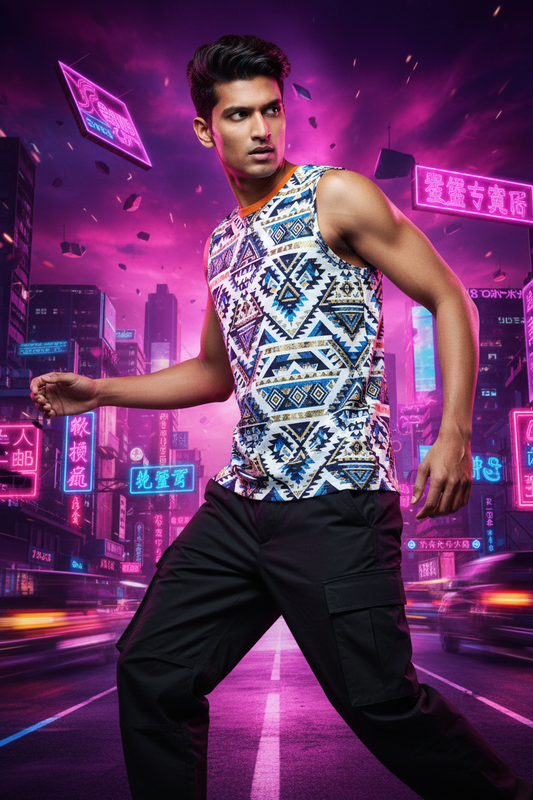 Model wearing tribal AOP tank with neon cityscape