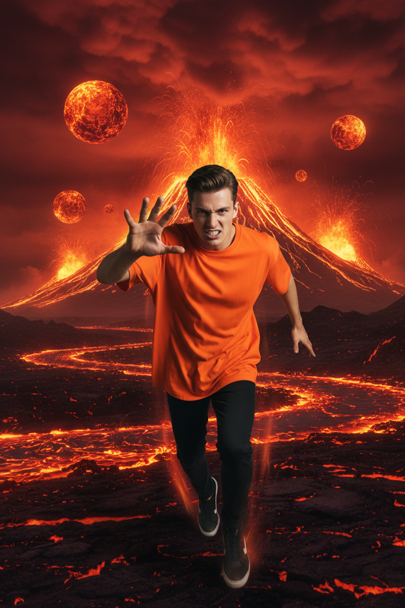 Orange Oversized Tee - Volcanic Background