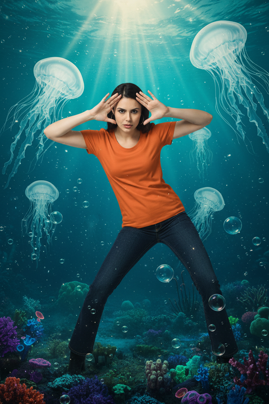 Orange T-Shirt Model — Surreal Underwater Sky