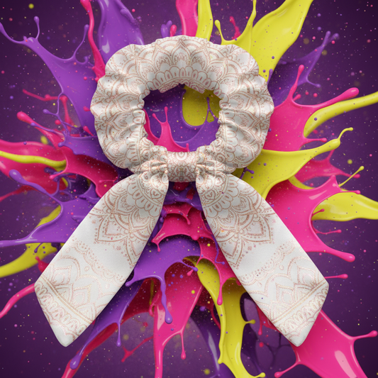 White Satin Bow Scrunchie - Mandala Design